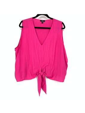 C&A V-Neck Sleeveless Tie Front Crinkle Blouse Womens Size 48 US XL Hot Pink